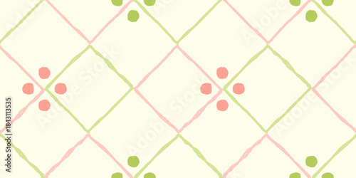 Hand-drawn pink and green diamond tile seamless pattern