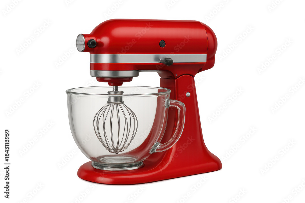 Fototapeta premium Modern red kitchen stand mixer, featuring a glass bowl and wire whisk, standing ready for baking and culinary tasks