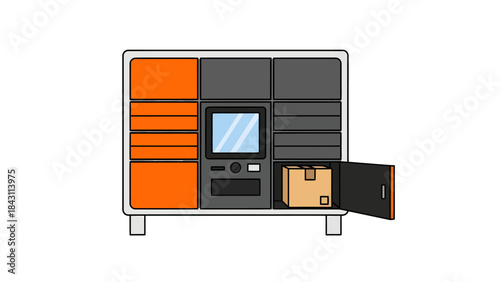 Secure parcel locker station with a package inside an open compartment