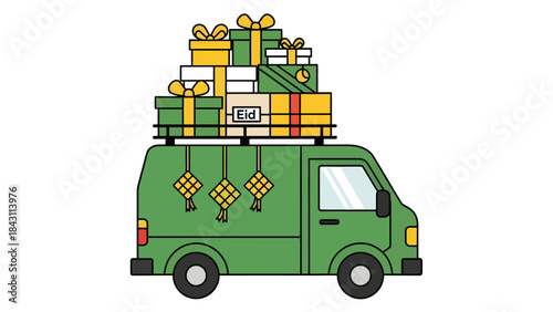 Green Delivery Van Laden With Gift Boxes And Festive Lanterns