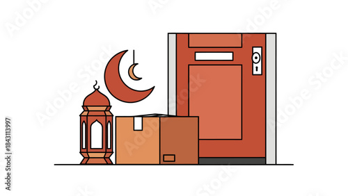 Eid Mubarak Delivery Service - Package Arriving at Doorstep with Islamic Lantern and Crescent Moon