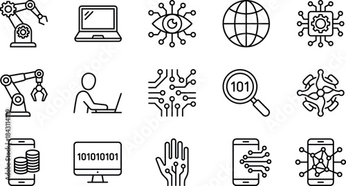 Artificial intelligence and automation line icons set, robotics, machine learning, global network, data analysis, smart technology, programming, vector illustration