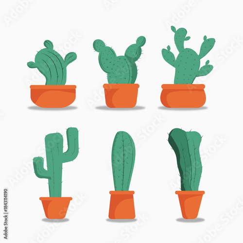 Collection of Stylized Potted Cactus in Flat Design
