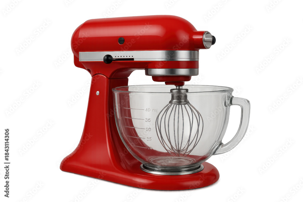 Fototapeta premium Red stand mixer with whisk attachment in glass bowl preparing for baking and cooking on transparent background