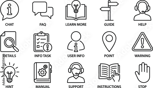 Customer support and information line icons set, help center, chat, FAQ, manual, guide, warning, user interface, vector collection