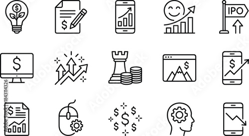 Finance and investment line icons set, IPO, growth charts, mobile trading, strategy, profit, analytics, wealth management, business success, vector pack