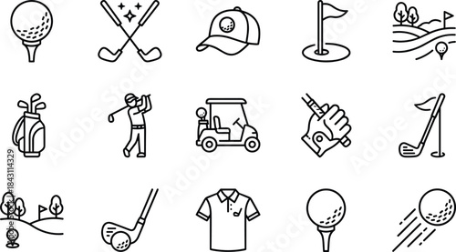 Golf sport and equipment line icons set, player clubs cart course vector outline illustration collection pack design elements