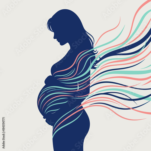 Pregnant woman silhouette with flowing colorful lines representing motherhood and new life.