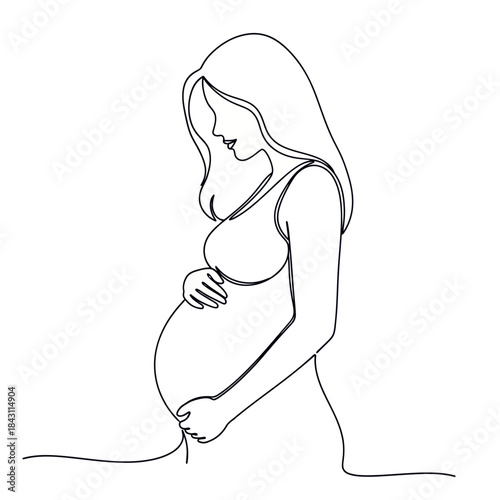 Pregnant woman in continuous line art style holding her belly.