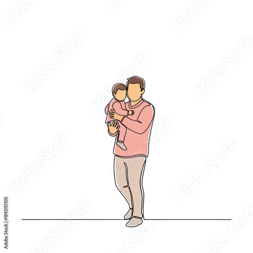Continuous line drawing of a father holding his baby, showcasing paternal love and care.