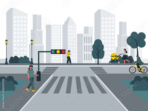 City street intersection featuring a pedestrian crossing and traffic lights. Modern urban life vector illustration. Flat illustration concept.