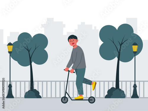 Young child riding scooter on the modern city street. Modern urban life vector illustration. Flat illustration concept.