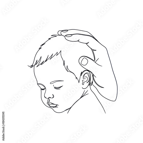 Gentle hand tenderly caressing a sleeping babys head showing love.