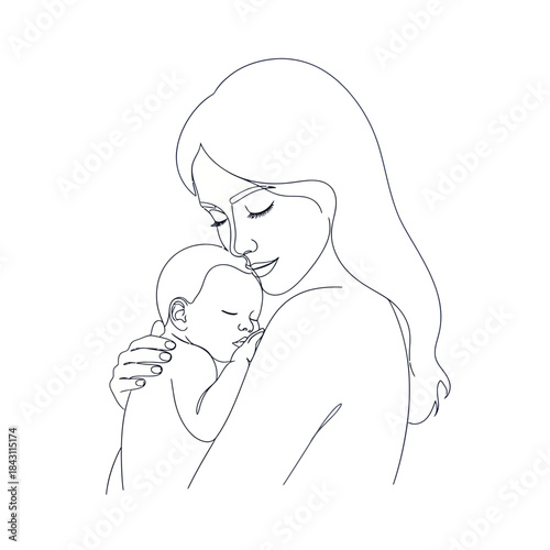Mother and baby line art illustration, tender embrace, maternal love.