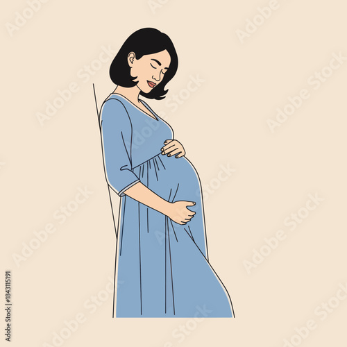 Pregnant woman in blue dress gently cradling her baby bump with love.