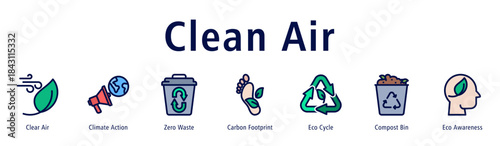 Clean Air web banner icon vector illustration with icons of Clear Air, Climate Action, Zero Waste, Carbon Footprint, Eco Cycle, Compost Bin, and Eco Awareness.