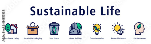 Sustainable Life web banner icon vector illustration with icons of Sustainable Living, Sustainable Packaging, Zero Waste, Green Building, Green Innovation, Renewable Future, and Eco Awareness.