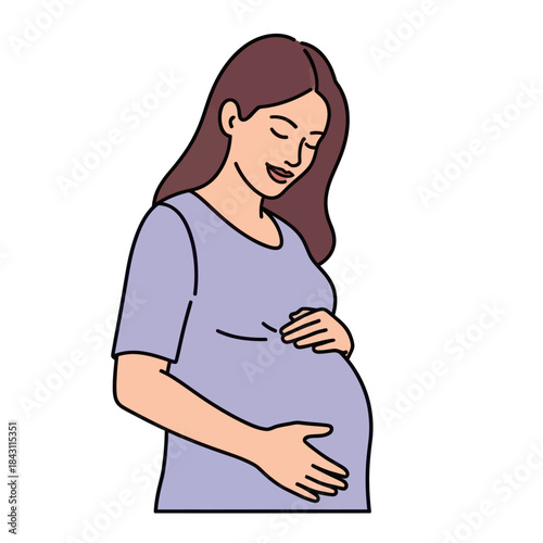 Smiling Pregnant Woman Gently Cradling Her Baby Bump with Affection.