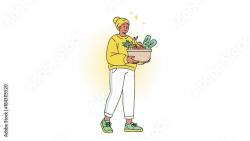Person carrying a basket of fresh fruits and vegetables, healthy eating concept illustration