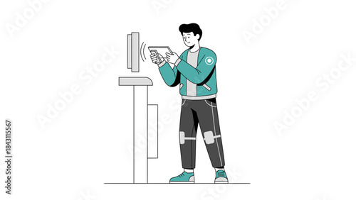 Man using a tablet to interact with a modern technology access screen in an illustration