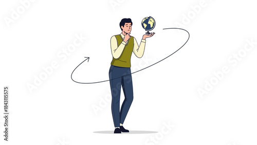 A man contemplating the world, holding a globe, with a circular arrow around him