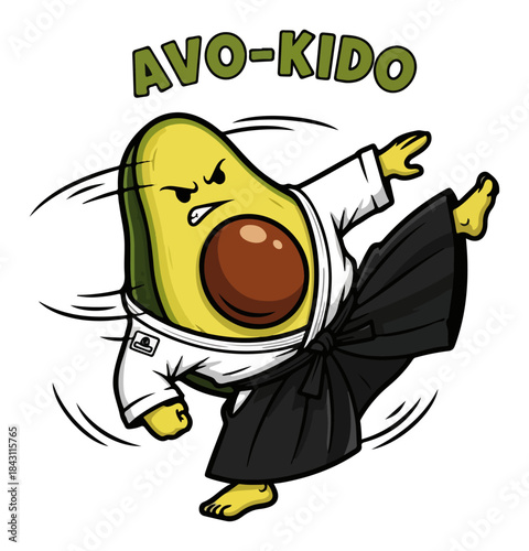 Funny Avocado Pun Avo-Kido. Cartoon character practicing aikido martial arts.