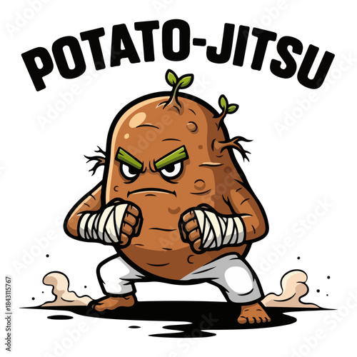 Funny Potato Pun Potato-Jitsu. Cartoon vegetable character practicing jiu-jitsu.