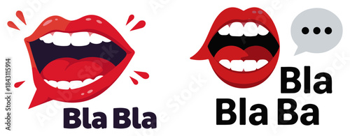 Pop Art Red Lips Shouting Bla Bla Gossip and Talk Vector Icon Set