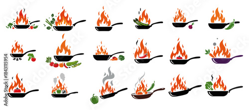 Frying Pan with Fire and Vegetables Cooking Icon Set for Restaurant Food Logo