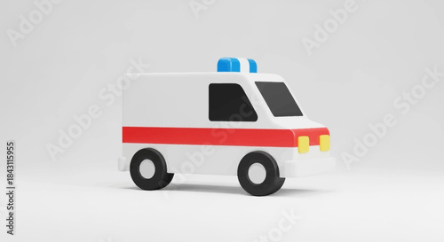 3D rendered icon of a white ambulance with red stripe and blue lights, symbolizing emergency medical services