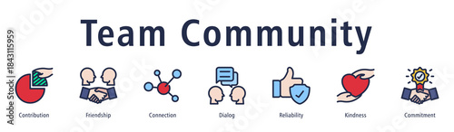 Team community icon vector concept featuring collaboration, support, communication, kindness, reliability, and group harmony.