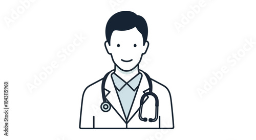 Modern and Professional Male Doctor Icon Illustration, Featuring a Medical Practitioner in a White Lab Coat with a Stethoscope, Symbolizing Healthcare Expertise and Patient Care Services