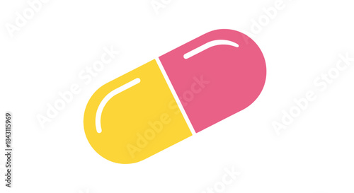 A realistic representation of a pink and yellow capsule with a white background, symbolizing health and medicine