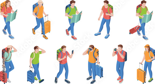 Isometric travel people illustration set, tourists with backpacks and luggage, navigation map usage, smartphone travel concept, modern flat character design