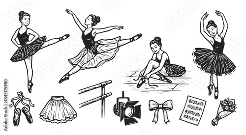 Hand-drawn set of ballet elements: four young female dancers in various poses, pointe shoes, tutu, spotlight, barre, flowers, bow, and program. Vintage sketch style.