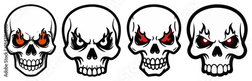 Angry Skull with Fire Eyes Vector Mascot and Tattoo Design Set