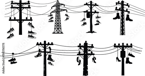 Urban hanging shoes on power lines, symbolic street culture illustration with various footwear on utility poles, creative city artwork concept design