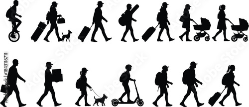 Urban mobility silhouettes, walking people, carrying bags, pushing strollers, riding scooter, pulling luggage, lifestyle diversity, black vector, transportation icons, minimal design