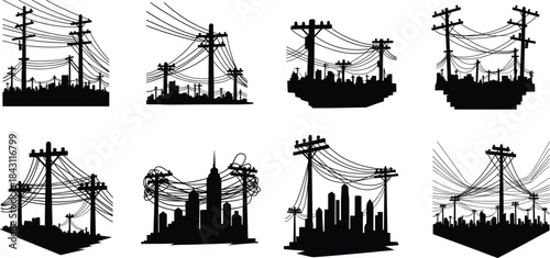 Urban power line pole silhouette vector set with tangled electrical wires and city skyline elements, black illustration on white background, isolated design