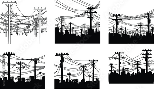 Urban power lines and utility poles silhouette illustration, dense electrical wiring cityscape vector, infrastructure network artwork for energy design