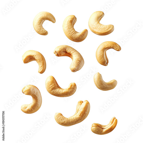 A dynamic arrangement of roasted cashew nuts floating against a clean white background. their unique shapes and textures. perfect for culinary or snack-related imagery