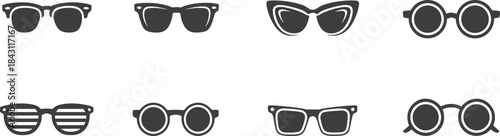 Modern black sunglasses icon set collection with stylish eyewear shapes, minimalist vector illustration for fashion accessories and summer design.