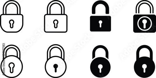 Padlock icon vector set featuring eight unique lock designs for security, privacy, protection, access control, web interface, and graphic design