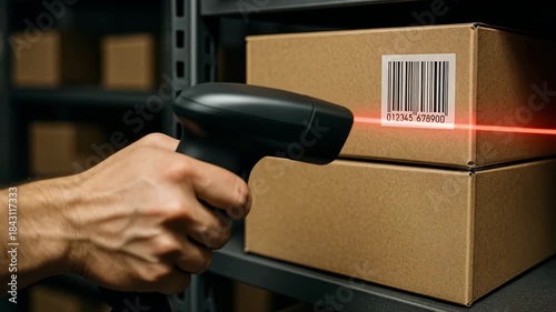 A close-up of a worker's hand holding a handheld scanner, aiming a red laser beam to read a barcode on a cardboard box stacked on a warehouse shelf, symbolizing inventory, logistics, shipping, and sup
