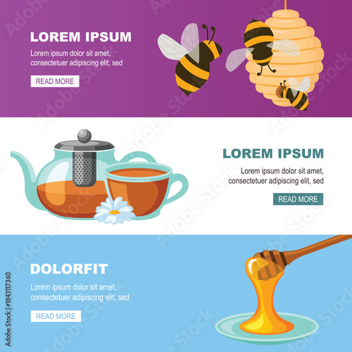 apiary honey banner. beekeeping mead bee house, pot spoon dipper. vector cartoon horizontal flat banner.