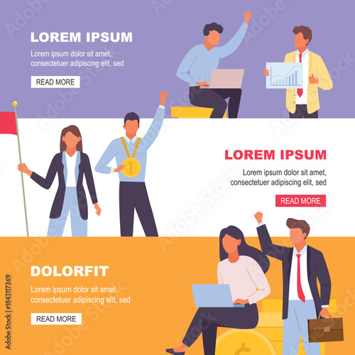 business ambitions banner. office employee productivity, career goal problem solving, motivation achievement. vector cartoon banners.