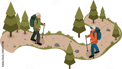 Senior hikers walking through forest trail with backpacks and trekking poles isometric illustration active aging outdoor nature adventure
