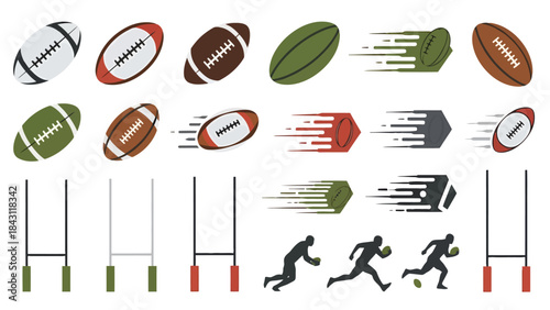 Collection of Oval Ball Sports Icons Rugby Football Goals and Action Silhouettes