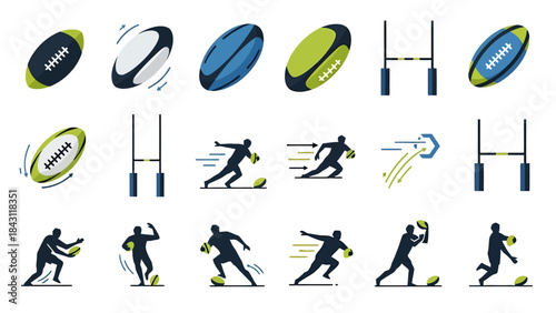 Team Sports Action Icons Rugby Balls Players and Goalposts Set