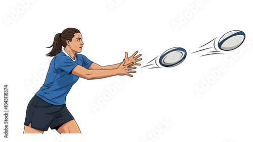 Athletic Woman Playing Ball Game Sport Training and Catching Oval Ball